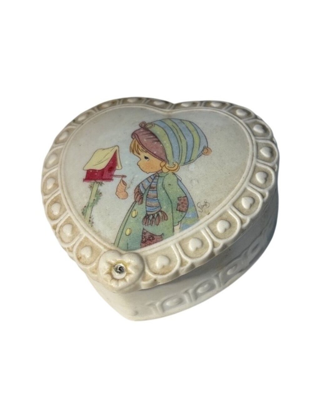 Precious Moments 1996 Heart Shaped Jewelry Box With December Child Design